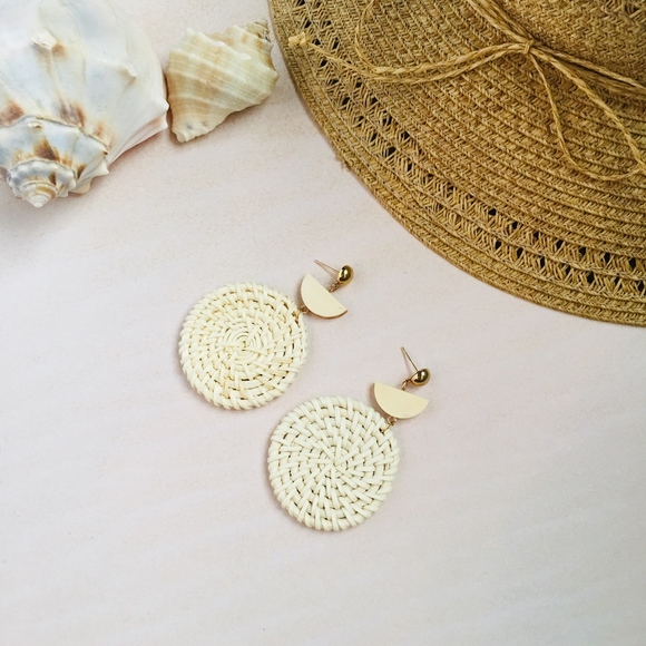 Rattan Geometric Dangle Earrings with Gold Accent - Picture 2 of 4